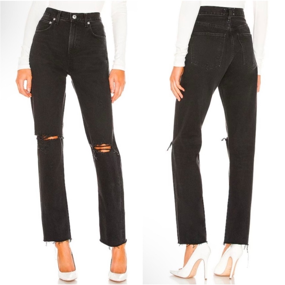 AGOLDE Cherie High Rise Straight Jeans Distortion Black Distressed